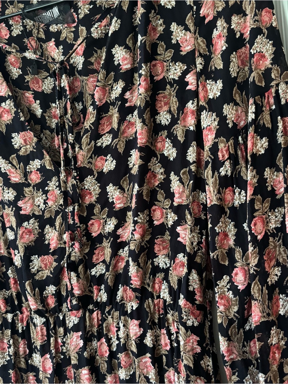 Reformation Black Floral boho Midi Dress tie neck button - Picture 3 of 5